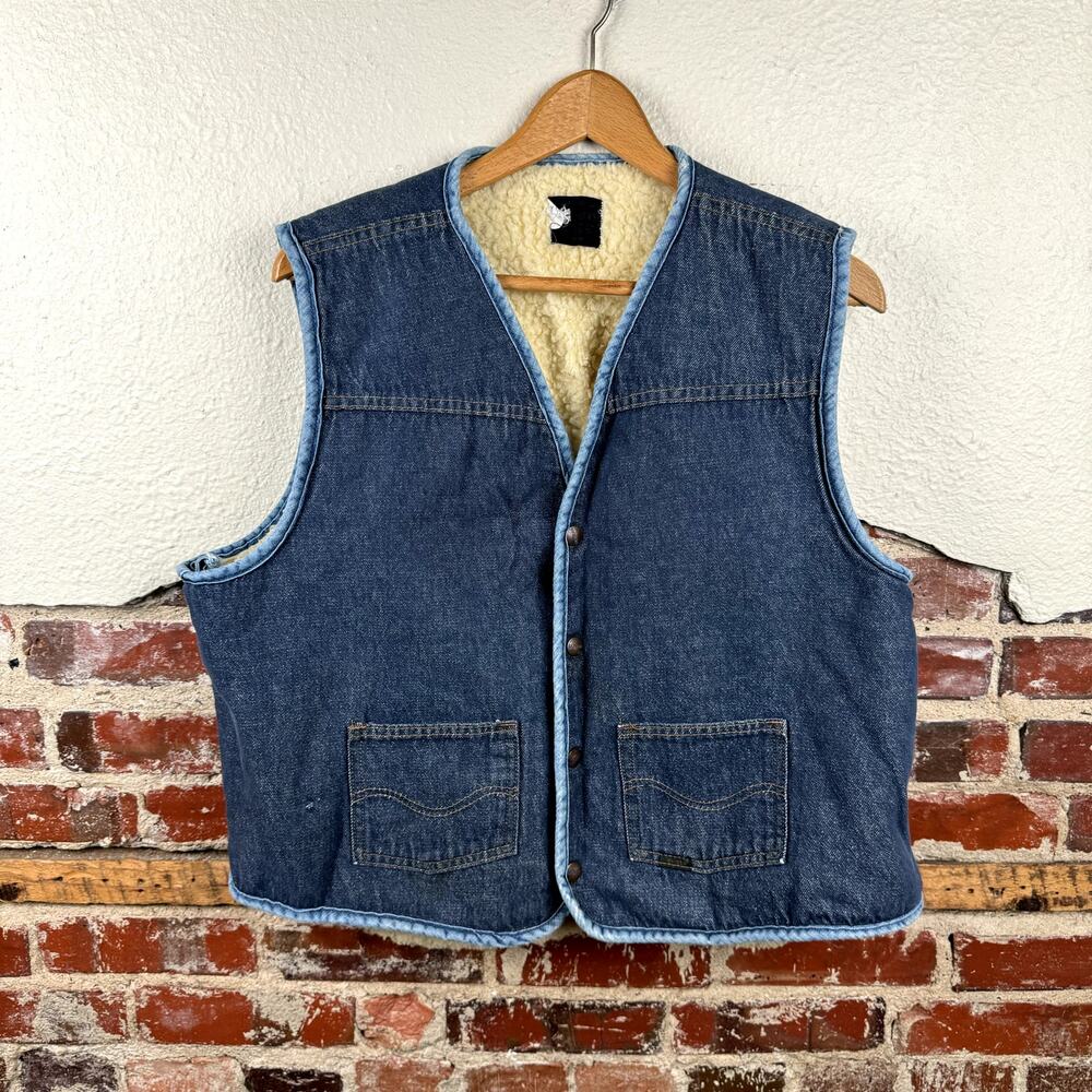 Vintage Roebucks Jacket Size Large Dark Wash Denim Vest Sherpa Lined USA 70s